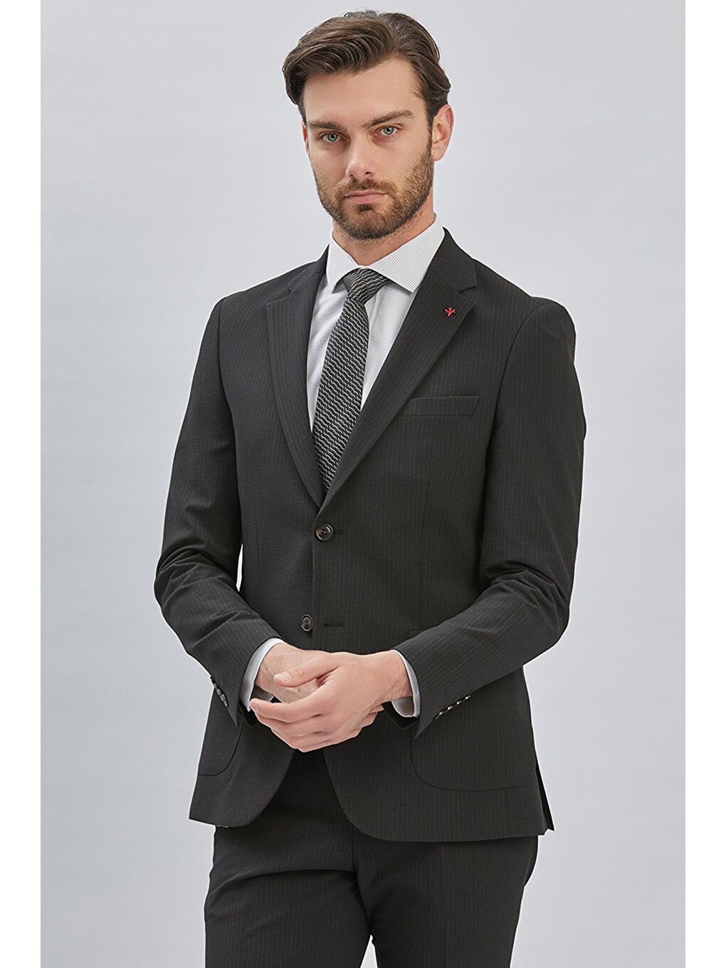 Siyah Çizgili Mono Yaka Astarlı Elastanlı 6 Drop Slim Fit Dar Kesim Casual Takım Elbise 1001240171-5