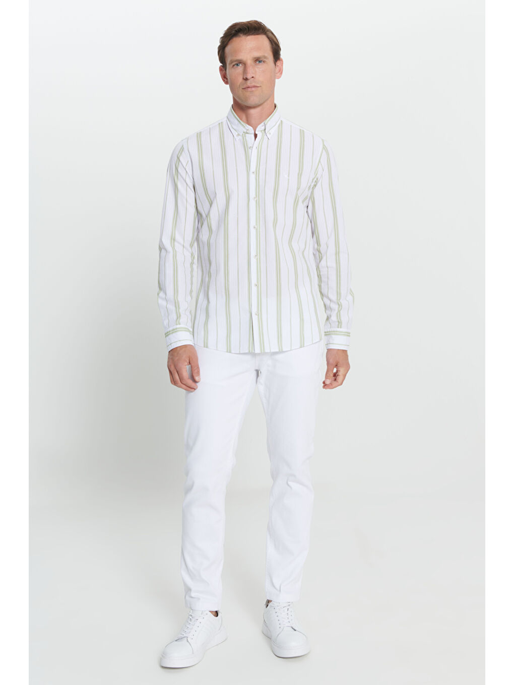 Lila Erkek Ekru-Yeşil Slim Fit Dar Kesim %100 Pamuk Düğmeli Yaka Çizgili Gömlek-1