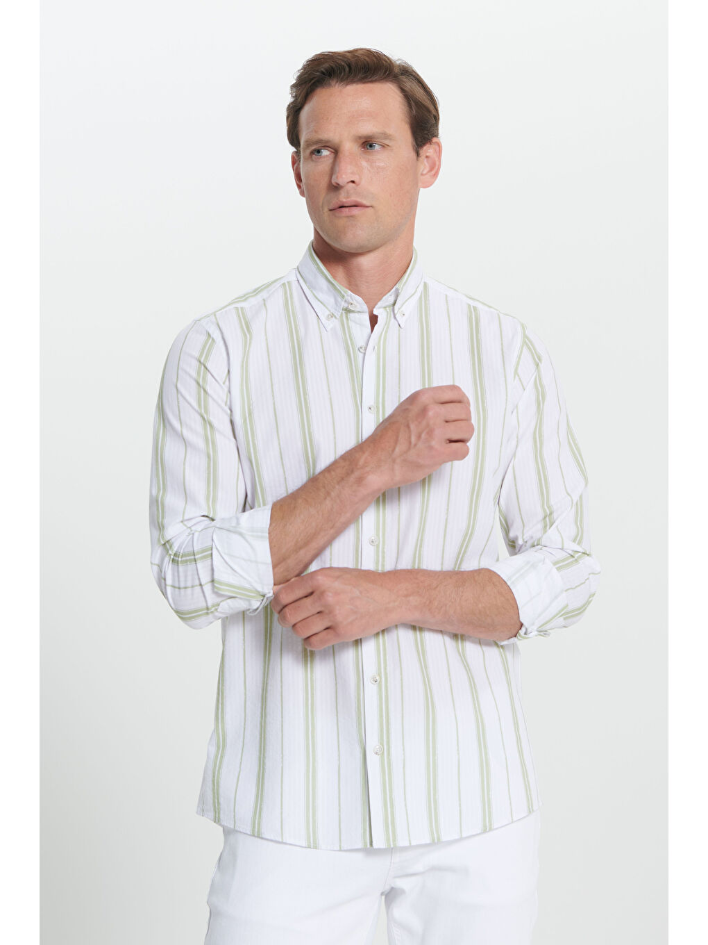 Lila Erkek Ekru-Yeşil Slim Fit Dar Kesim %100 Pamuk Düğmeli Yaka Çizgili Gömlek-2