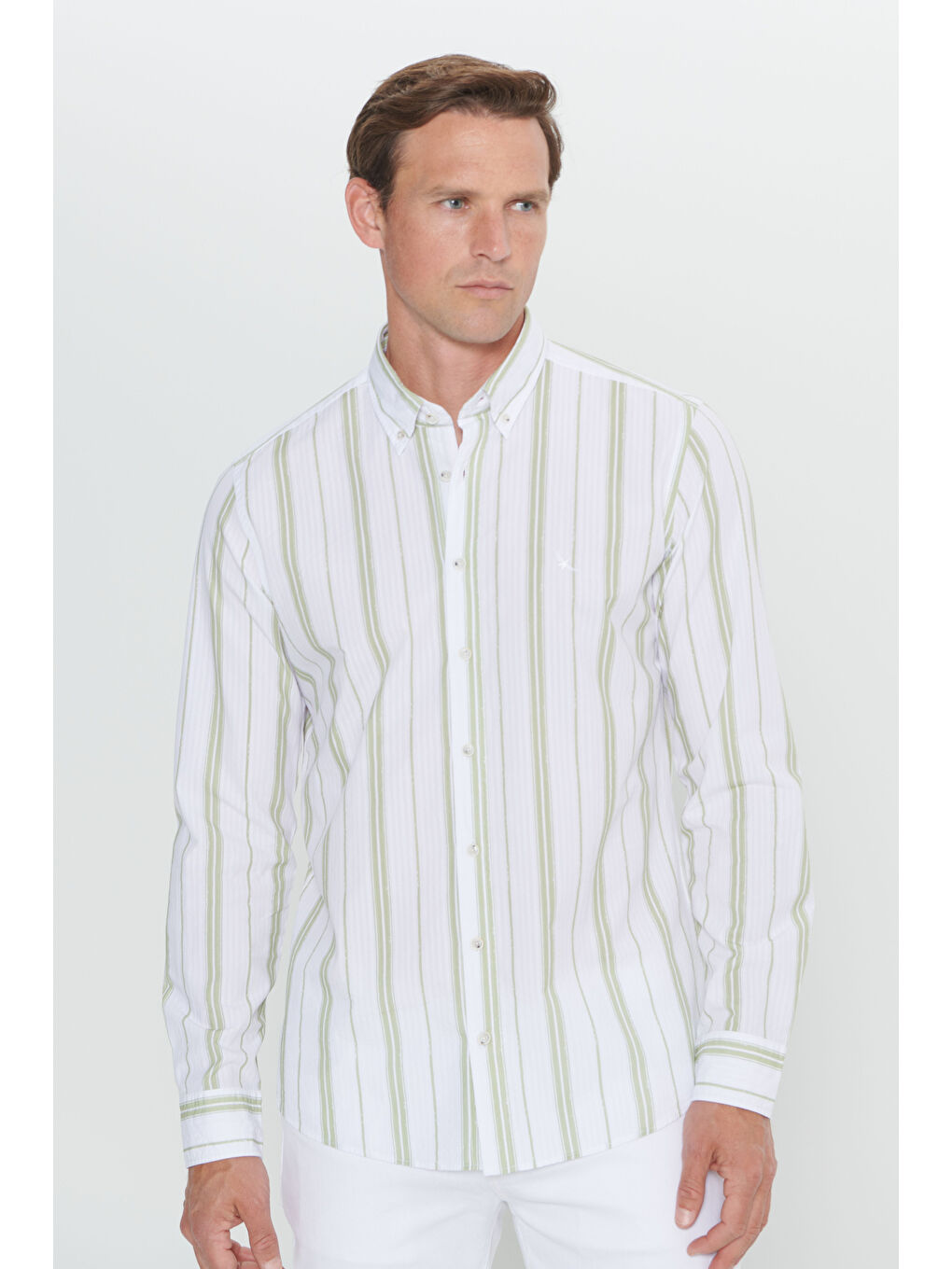 Lila Erkek Ekru-Yeşil Slim Fit Dar Kesim %100 Pamuk Düğmeli Yaka Çizgili Gömlek-3