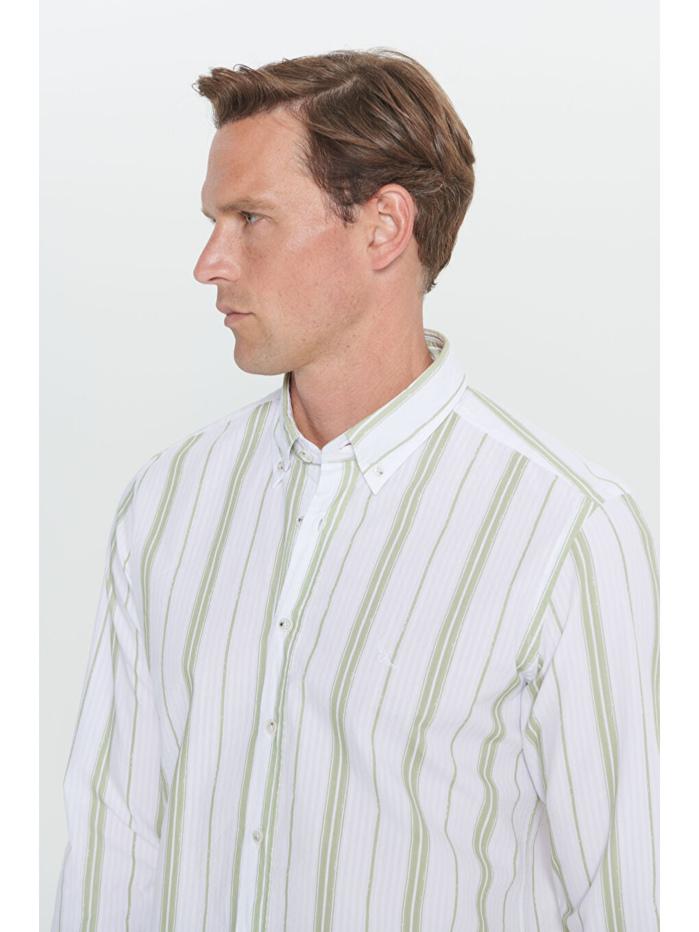 Lila Erkek Ekru-Yeşil Slim Fit Dar Kesim %100 Pamuk Düğmeli Yaka Çizgili Gömlek-4