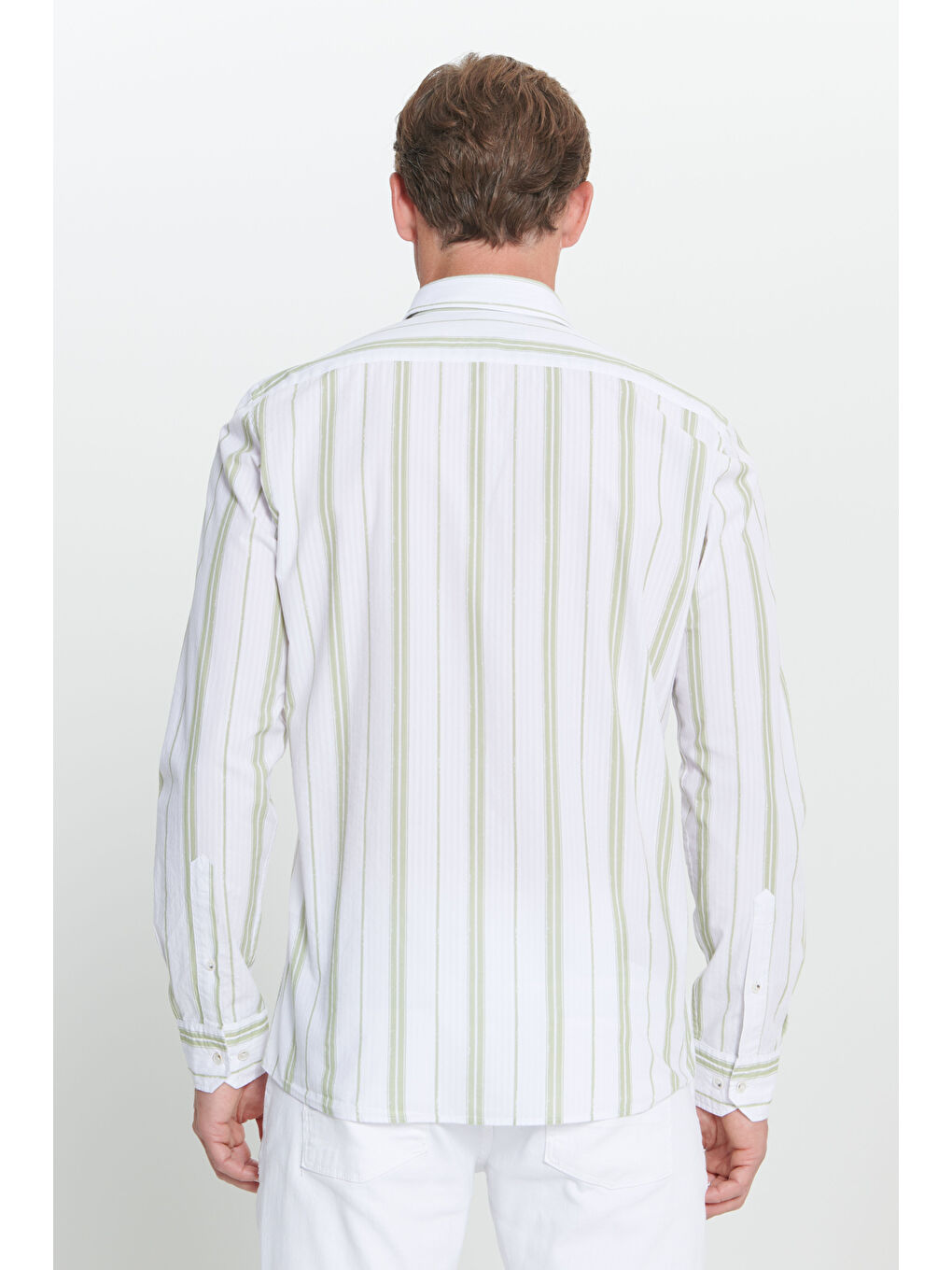 Lila Erkek Ekru-Yeşil Slim Fit Dar Kesim %100 Pamuk Düğmeli Yaka Çizgili Gömlek-5