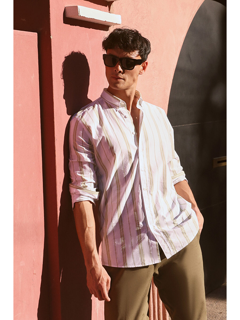 Lila Erkek Ekru-Yeşil Slim Fit Dar Kesim %100 Pamuk Düğmeli Yaka Çizgili Gömlek-6