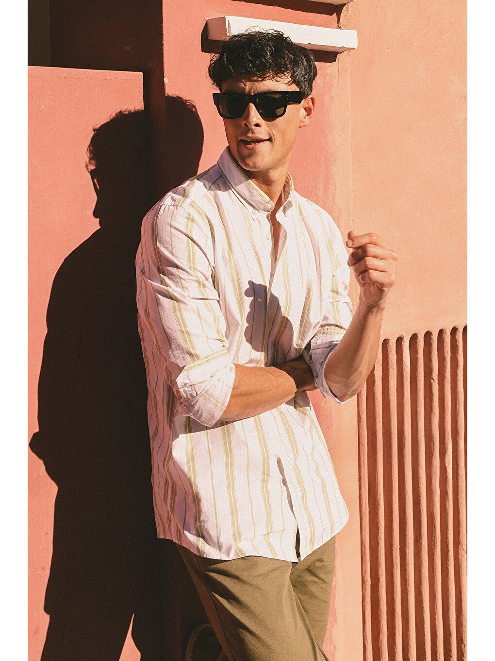 Lila Erkek Ekru-Yeşil Slim Fit Dar Kesim %100 Pamuk Düğmeli Yaka Çizgili Gömlek-7