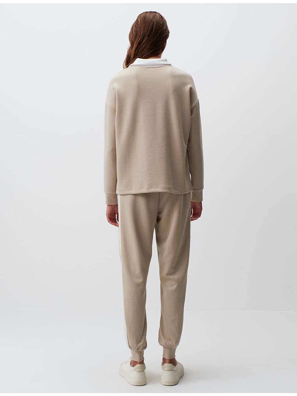 Bej Balıkçı Yaka Uzun Kollu Renk Bloklu Sweatshirt-4