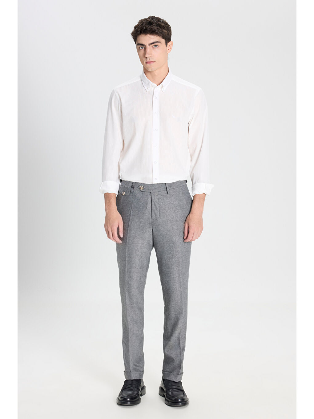 Erkek Beyaz Slim Fit Dar Kesim Düğmeli Yaka %100 Pamuk Gömlek-1