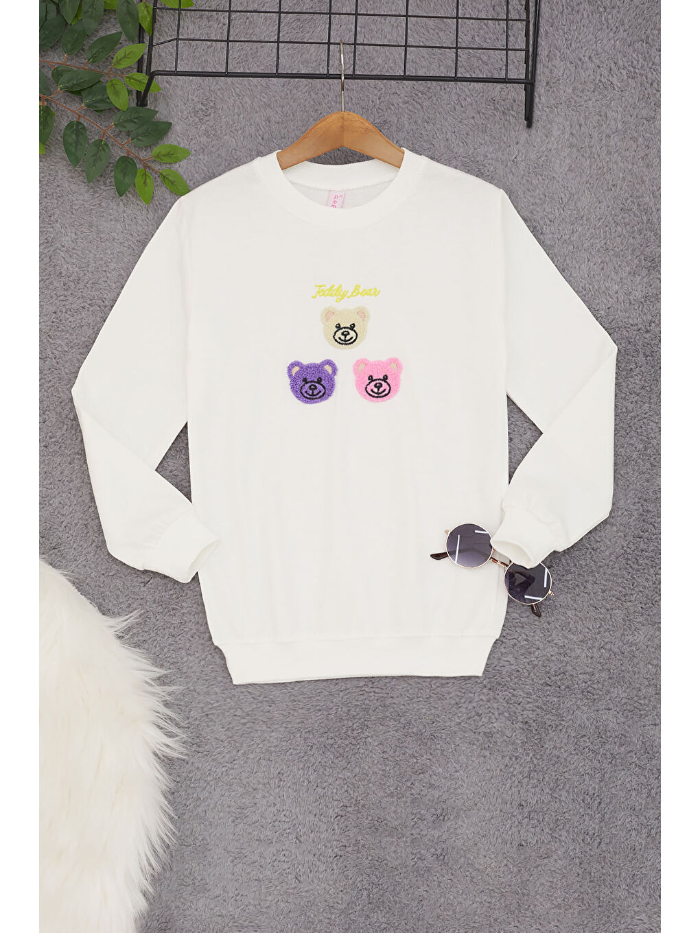 Pembe Life Kids Club Ekru Ayıcık Nakışlı Kız Çocuk Kız Çocuk Sweatshirt 17197