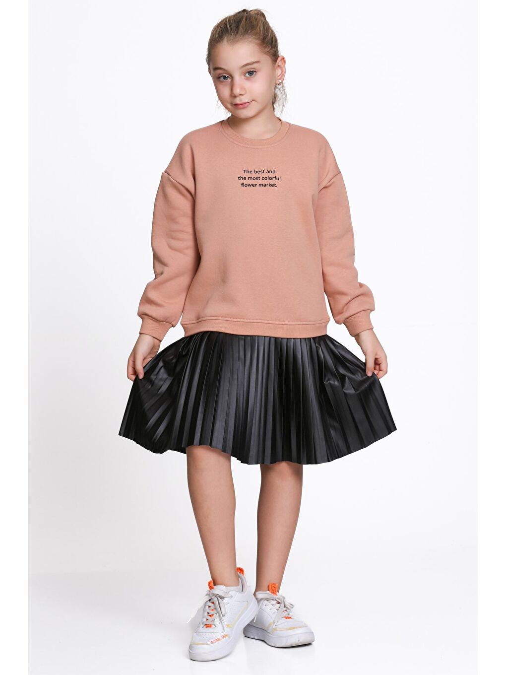 Kahverengi Kız Çocuk Kiremit Paragraf Baskılı Deri Parçalı 5-9 Yaş Elbise - 23181-3