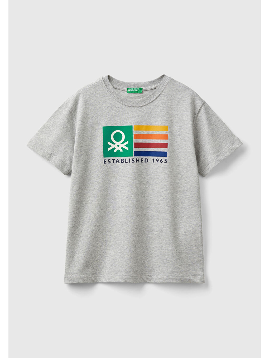 United Colors Of Benetton Gri Erkek Çocuk Gri Melanj Önü   Renkli Logo Baskılı Bisiklet Yaka Kısa Kollu T-Shirt