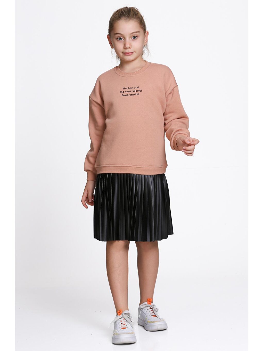 Kahverengi Kız Çocuk Kiremit Paragraf Baskılı Deri Parçalı 5-9 Yaş Elbise - 23181-3-1