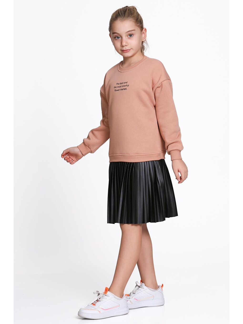 Kahverengi Kız Çocuk Kiremit Paragraf Baskılı Deri Parçalı 5-9 Yaş Elbise - 23181-3-2