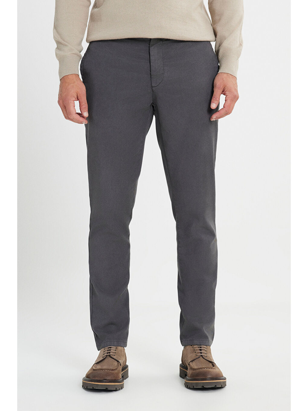 Erkek Antrasit Pamuklu Slim Fit Dar Kesim Diagonal Desenli Pileli Yan Cep Casual Pantolon-1