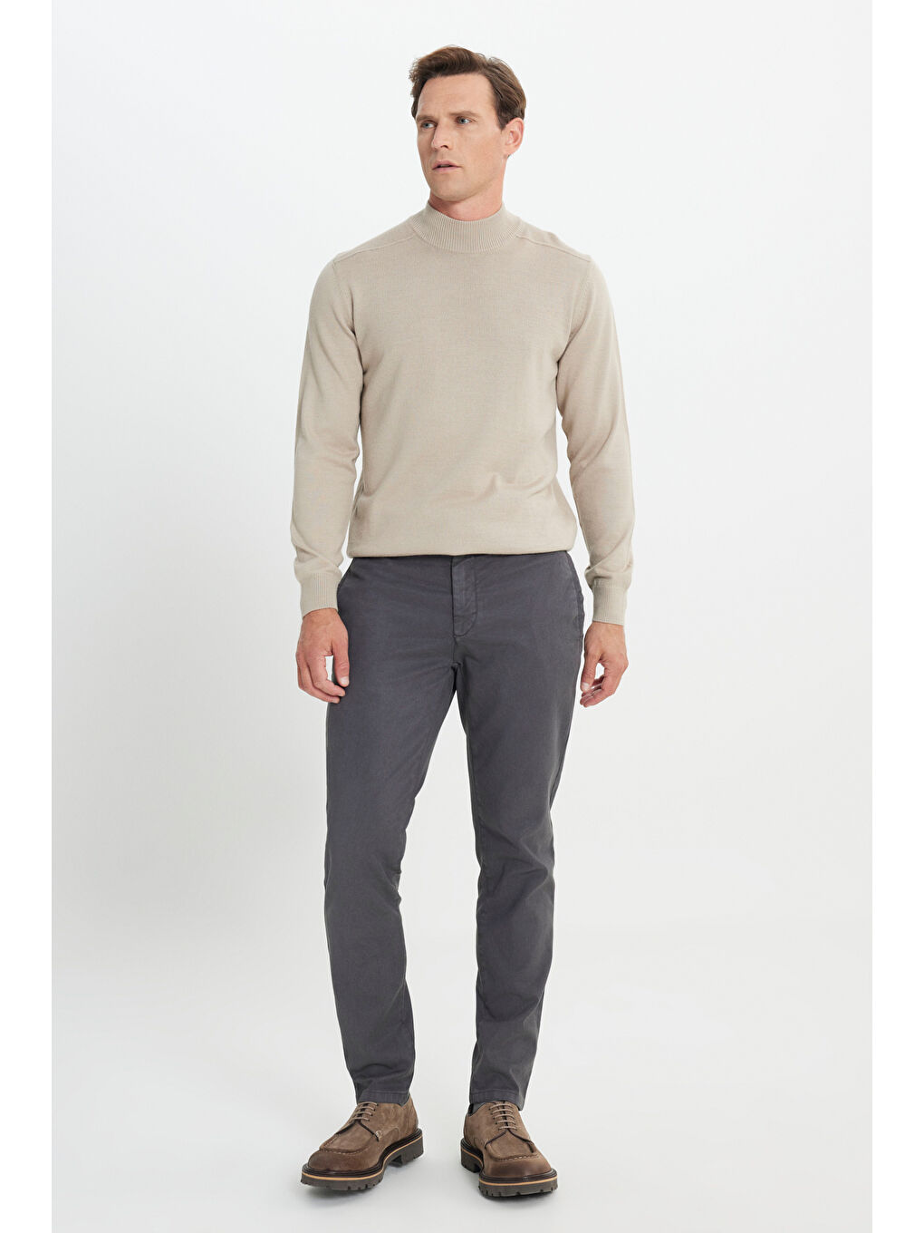 Erkek Antrasit Pamuklu Slim Fit Dar Kesim Diagonal Desenli Pileli Yan Cep Casual Pantolon-2