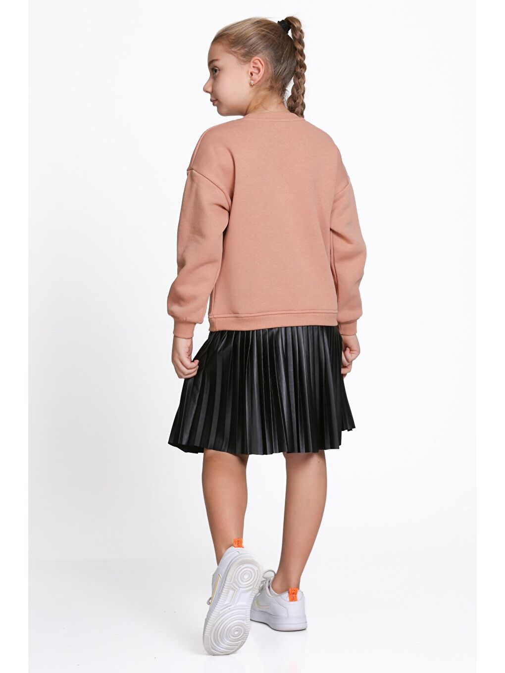 Kahverengi Kız Çocuk Kiremit Paragraf Baskılı Deri Parçalı 5-9 Yaş Elbise - 23181-3-4