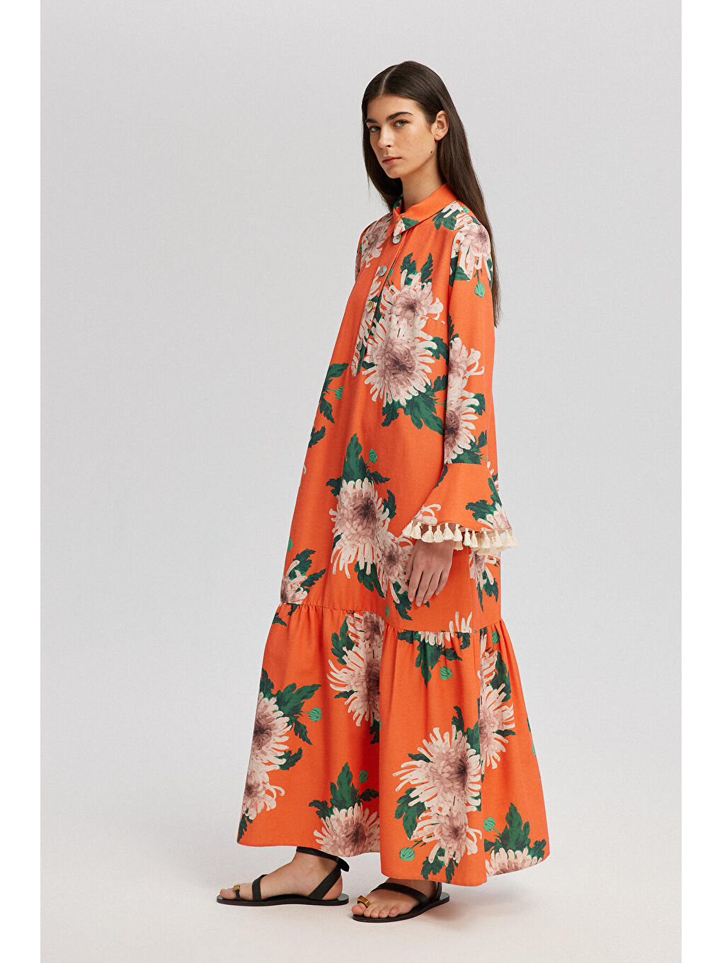 Turuncu Çiçek Desenli Doğal Dokulu Elbise-2