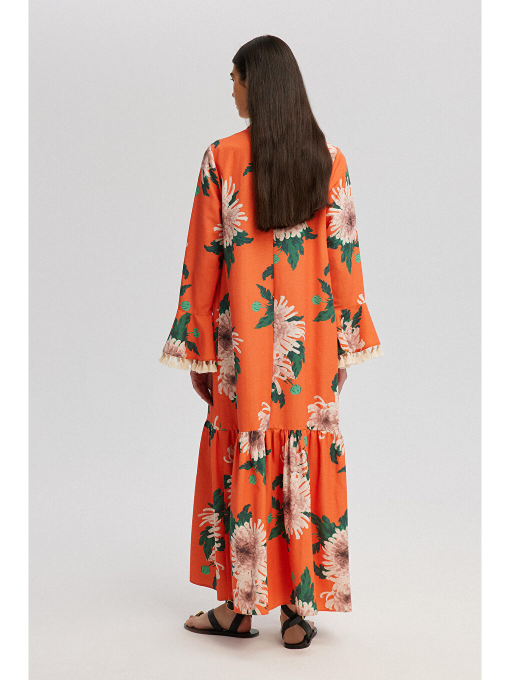 Turuncu Çiçek Desenli Doğal Dokulu Elbise-3