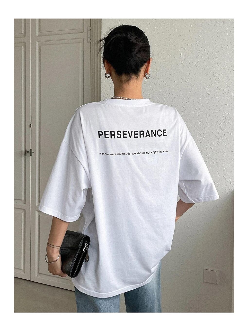 Trendseninle Beyaz Kadın Beyaz Perseverance Baskılı Oversize Tişört - 1