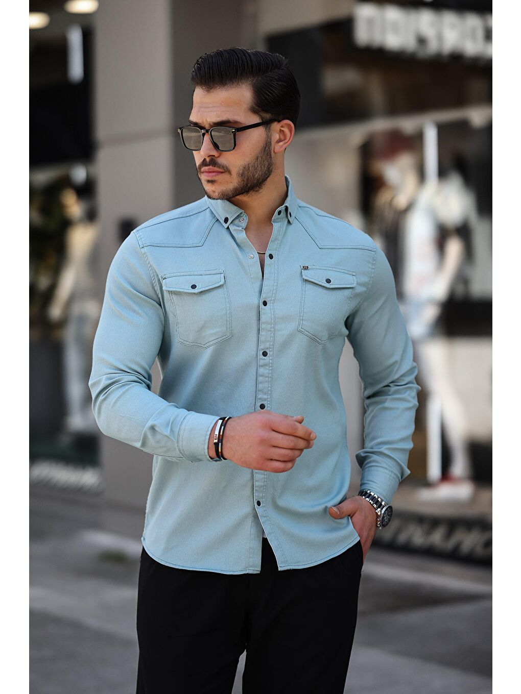 comstar Koyu Mint Yeşili Slim Fit Çıtçıtlı Çift Cep Jean Gömlek