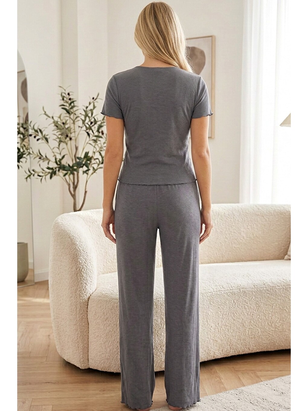 Gri Dantelli Pamuklu Fitilli Kaşkorse Örme Pijama Takım 26120701-2