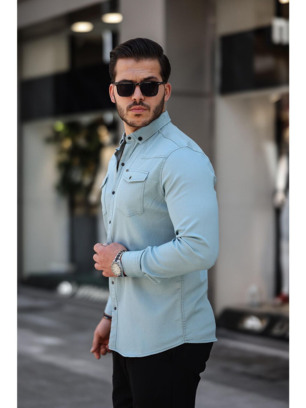 comstar Koyu Mint Yeşili Slim Fit Çıtçıtlı Çift Cep Jean Gömlek - 2