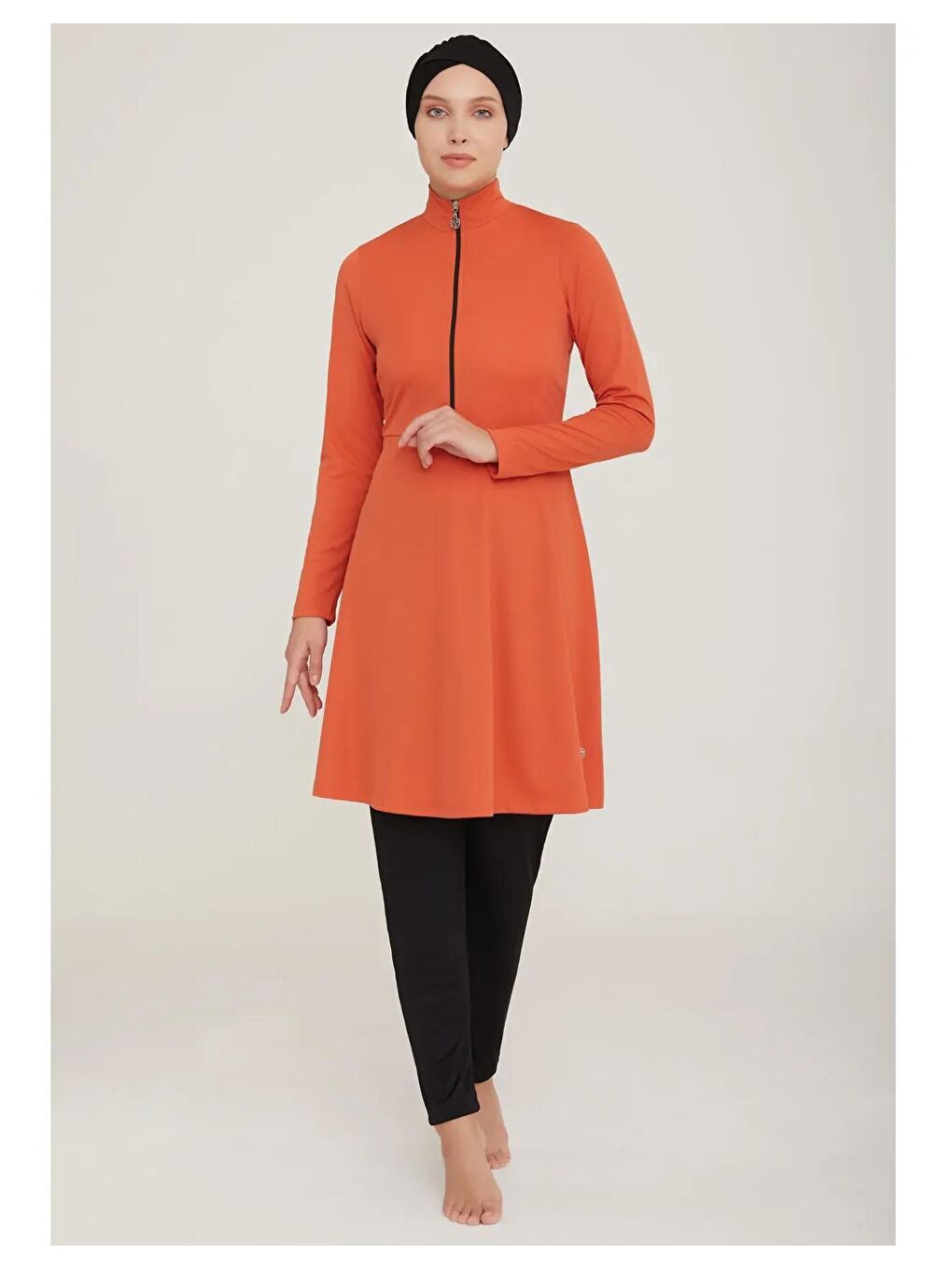 Kahverengi Elastanlı Fermuarlı Boneli Tesettür Mayo Plaj Giyim | 9020