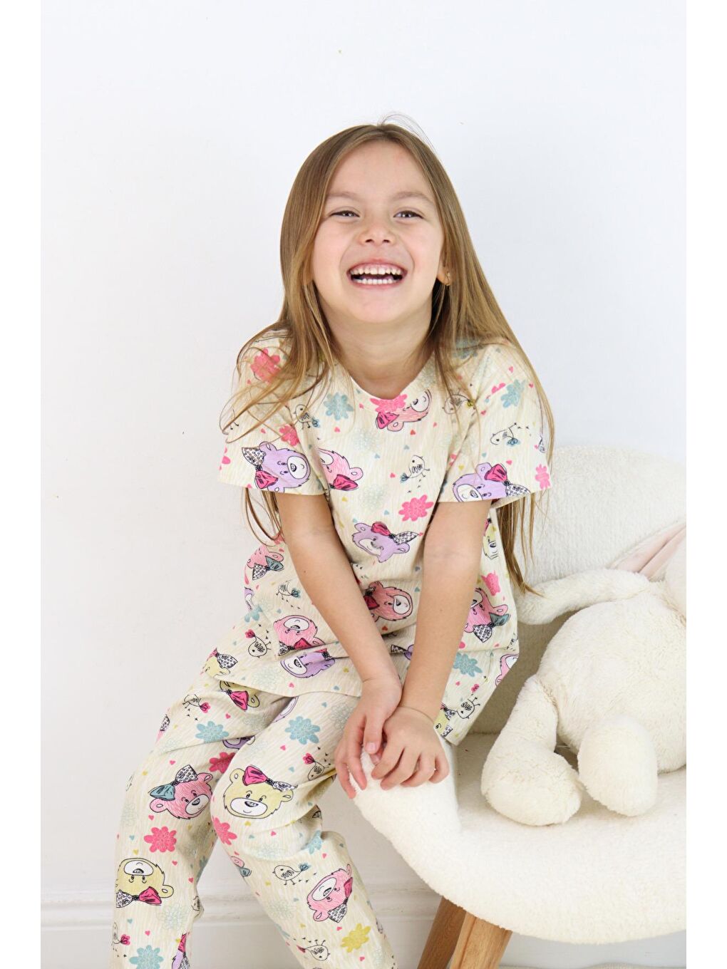 Harika KIDS Ekru Kız Çocuk Pamuklu Penye Kumaş Baskılı Pijama Takımı - 2