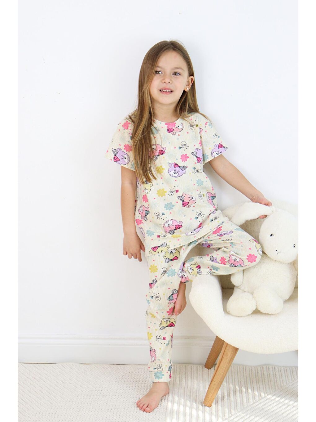 Harika KIDS Ekru Kız Çocuk Pamuklu Penye Kumaş Baskılı Pijama Takımı - 3