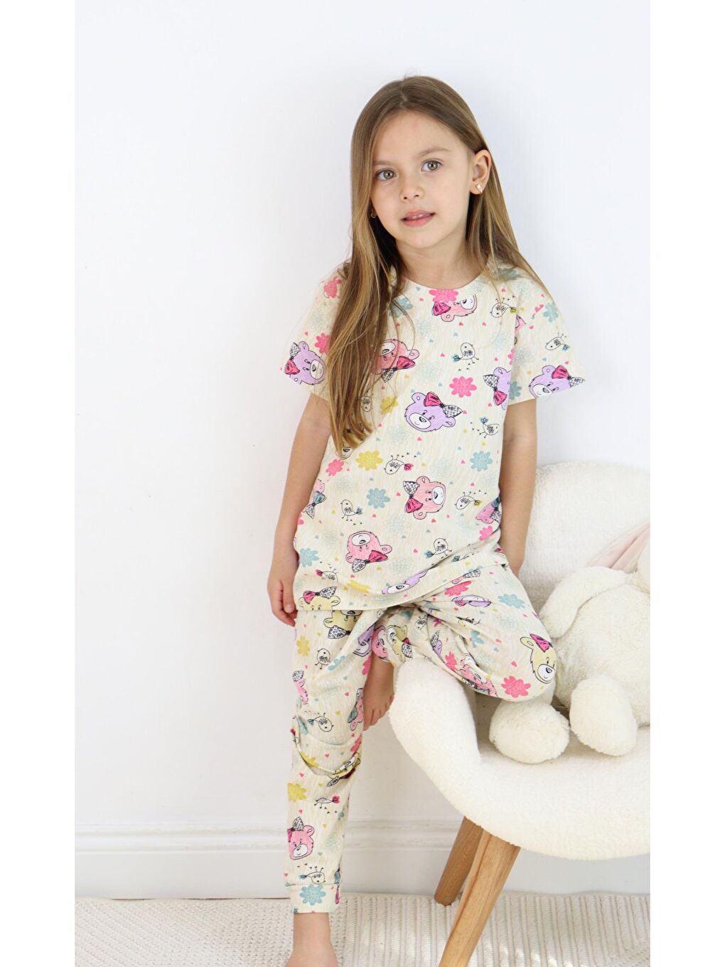 Harika KIDS Ekru Kız Çocuk Pamuklu Penye Kumaş Baskılı Pijama Takımı - 4