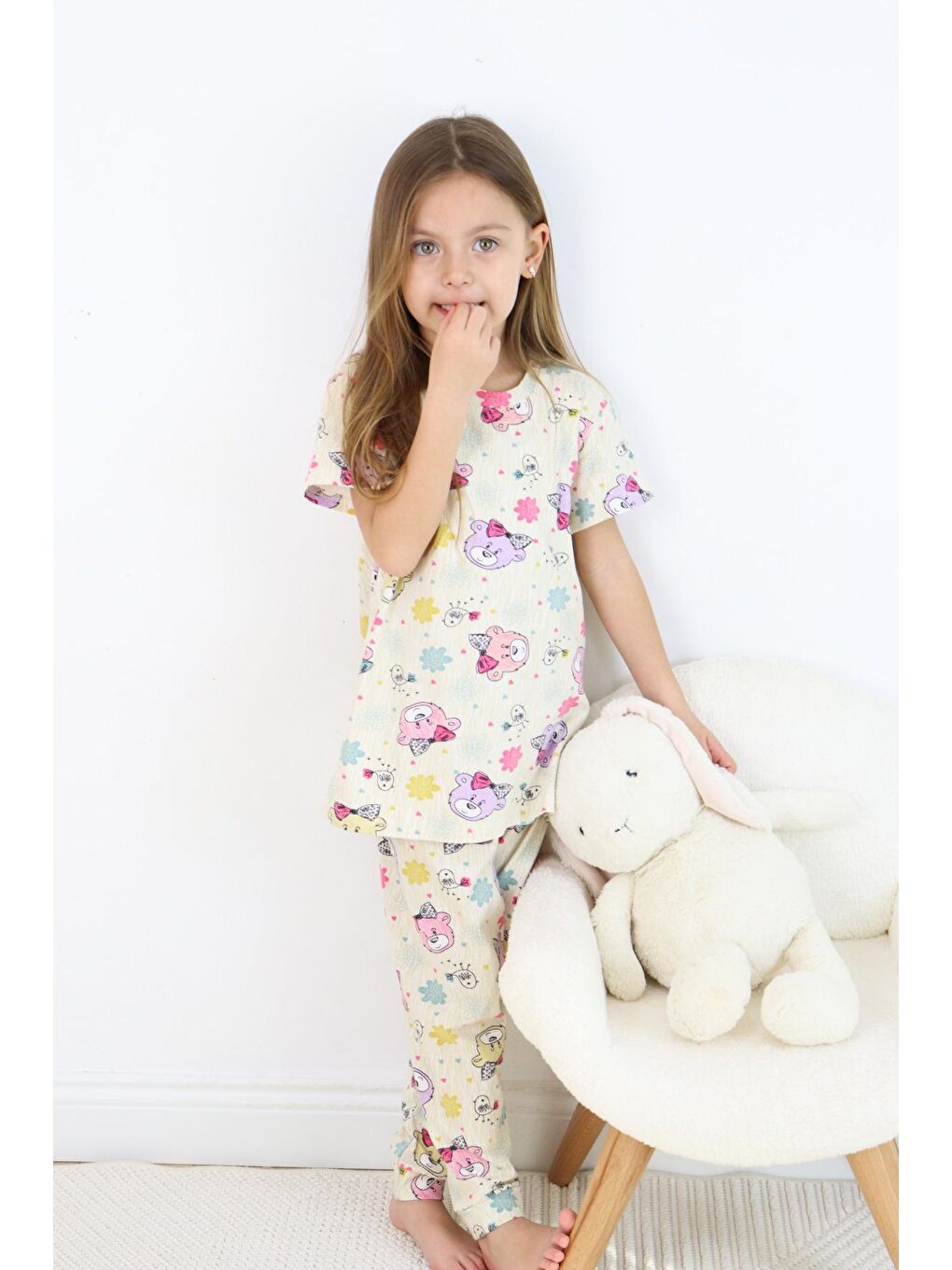 Harika KIDS Ekru Kız Çocuk Pamuklu Penye Kumaş Baskılı Pijama Takımı - 5