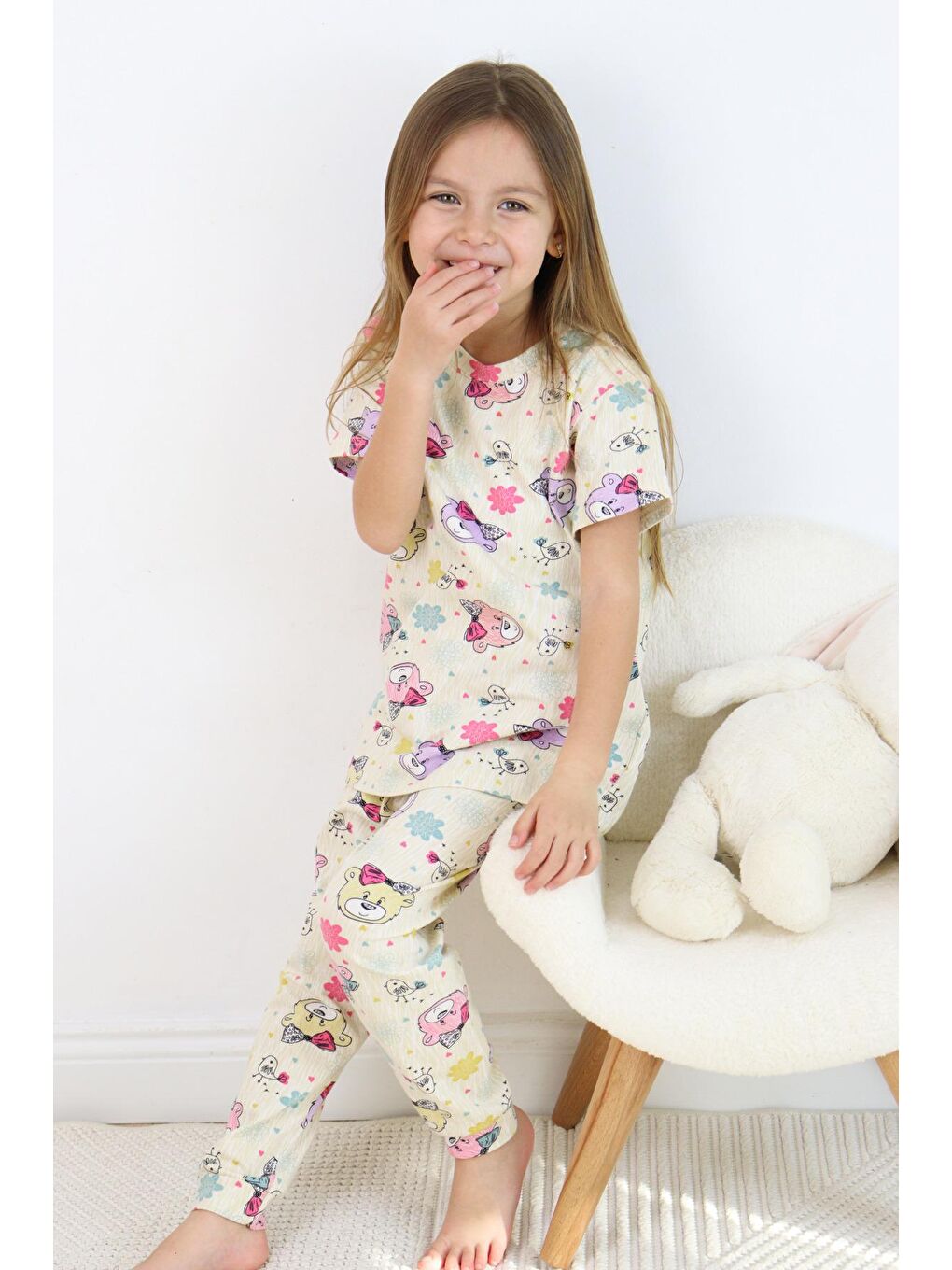 Harika KIDS Ekru Kız Çocuk Pamuklu Penye Kumaş Baskılı Pijama Takımı - 6