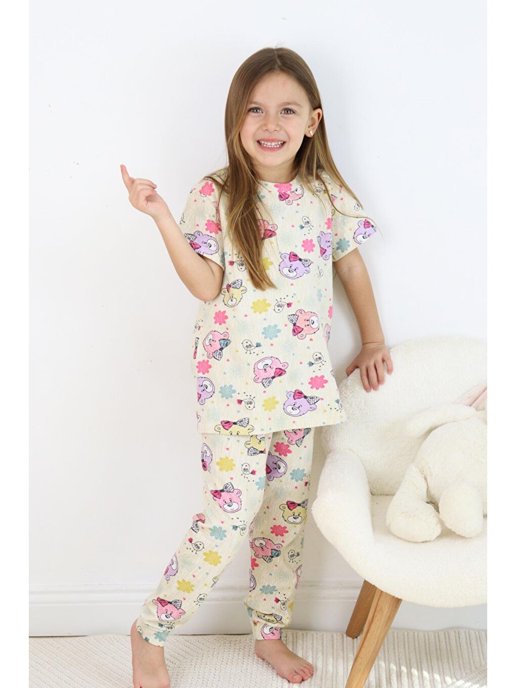 Harika KIDS Ekru Kız Çocuk Pamuklu Penye Kumaş Baskılı Pijama Takımı - 7