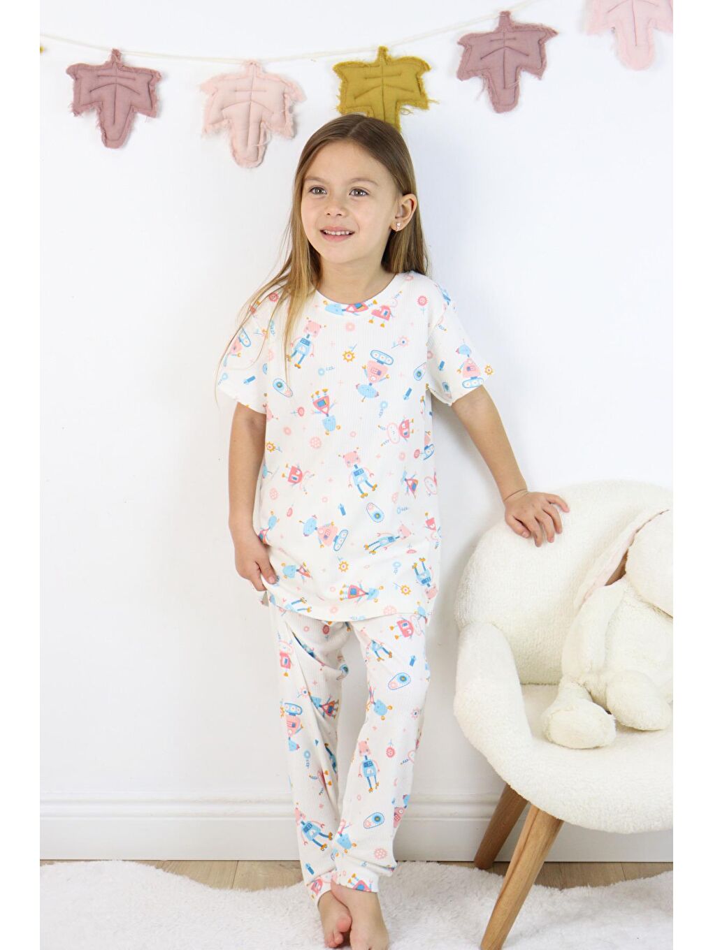 Harika KIDS Beyaz Kız Çocuk Pamuklu Penye Kumaş Baskılı Pijama Takımı - 3