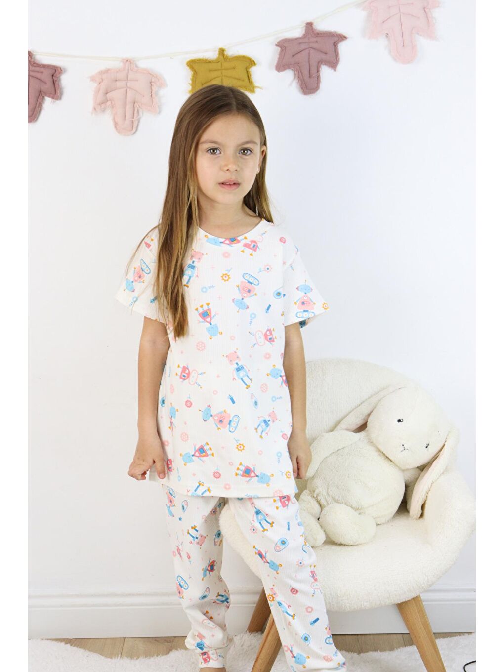 Harika KIDS Beyaz Kız Çocuk Pamuklu Penye Kumaş Baskılı Pijama Takımı - 6