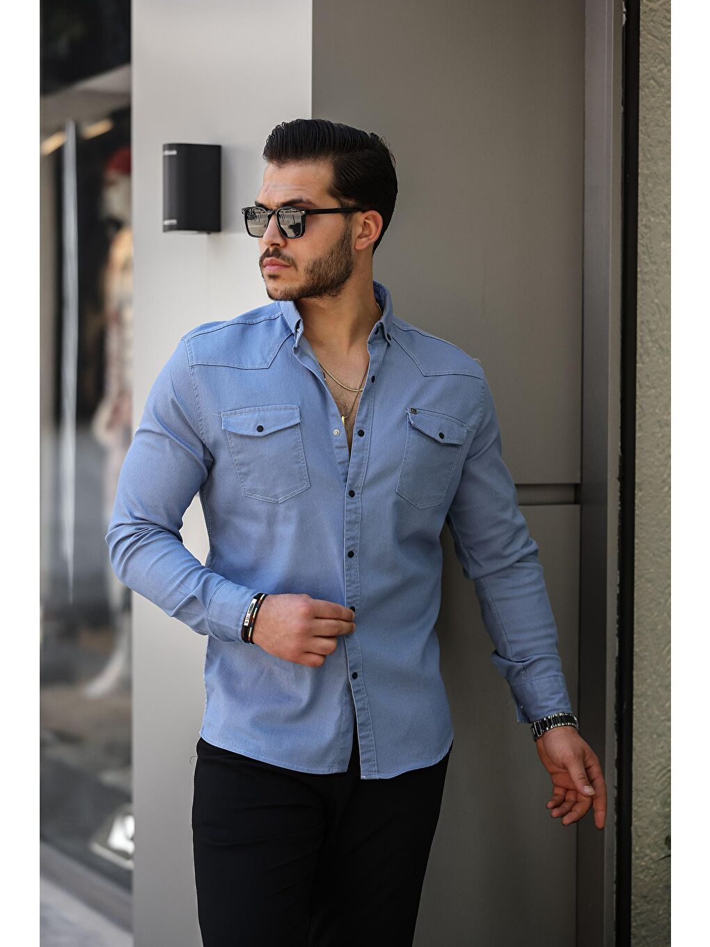 comstar Mavi Slim Fit Çıtçıtlı Çift Cep Jean Gömlek