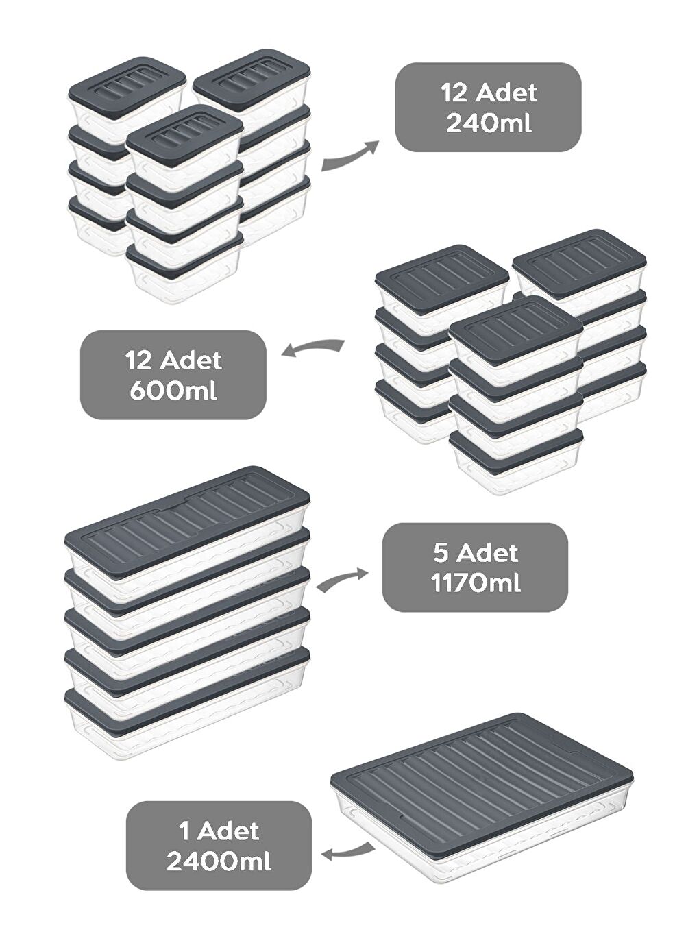 30 Parça Mikrodalga ve Difrize Uygun Saklama Kabı 1x2400 ml 5x1170 ml 12x600 ml 12x240 ml Antrasit-1