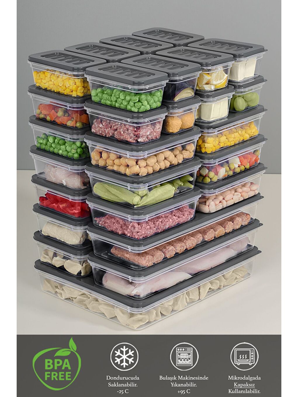 30 Parça Mikrodalga ve Difrize Uygun Saklama Kabı 1x2400 ml 5x1170 ml 12x600 ml 12x240 ml Antrasit-2