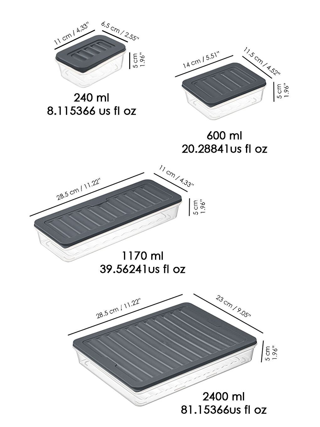 30 Parça Mikrodalga ve Difrize Uygun Saklama Kabı 1x2400 ml 5x1170 ml 12x600 ml 12x240 ml Antrasit-6