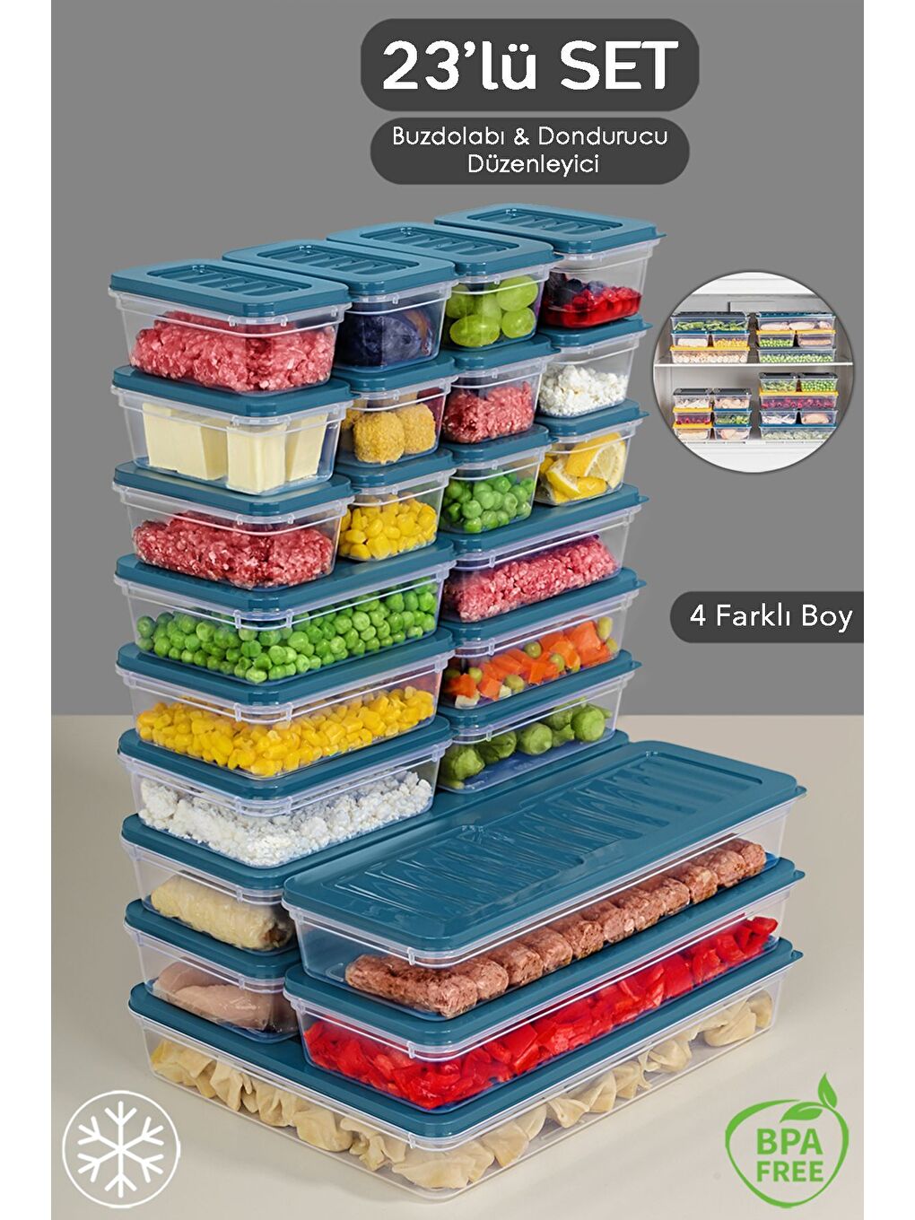 23 Parça Mikrodalga ve Difrize Uygun Saklama Kabı 1x2400 ml 4x1170 ml 6x600 ml 12x240 ml Mavi