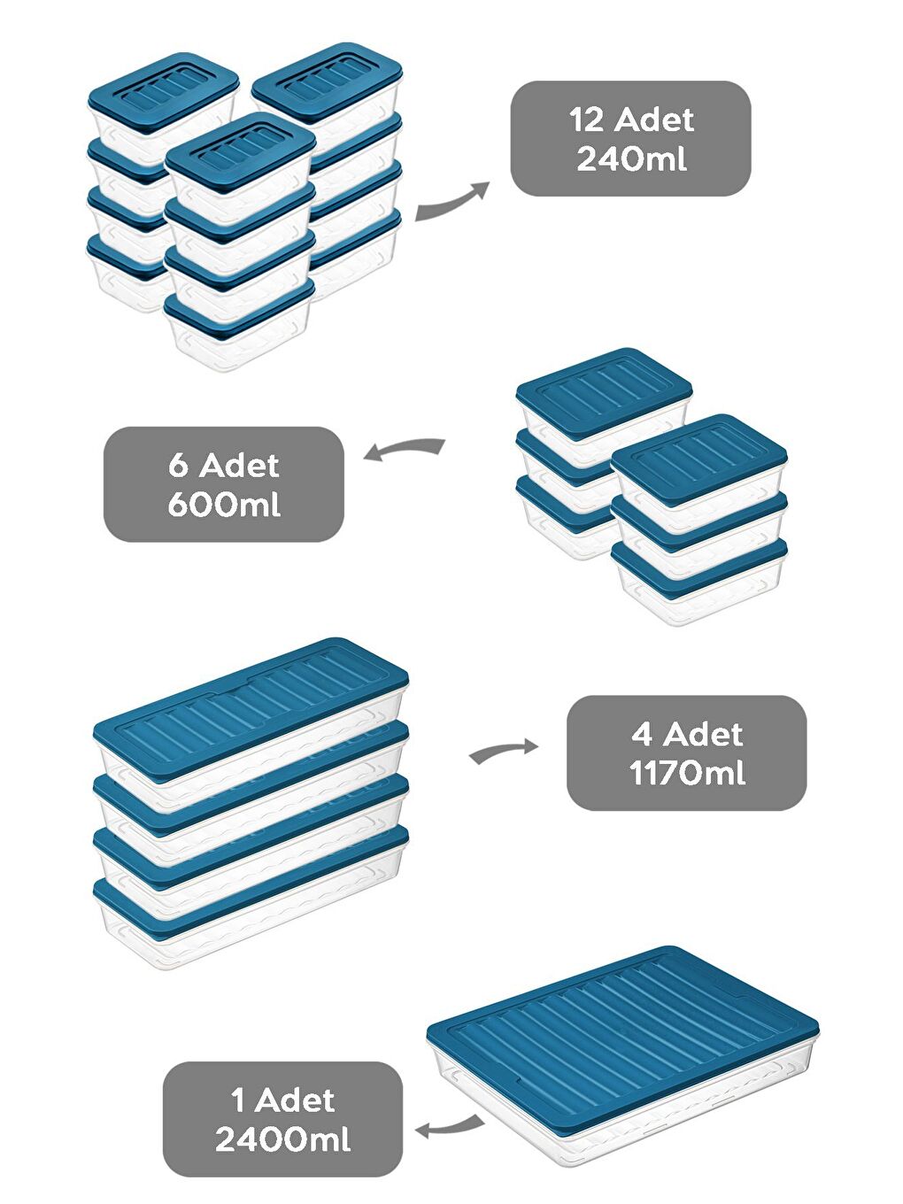 23 Parça Mikrodalga ve Difrize Uygun Saklama Kabı 1x2400 ml 4x1170 ml 6x600 ml 12x240 ml Mavi-1