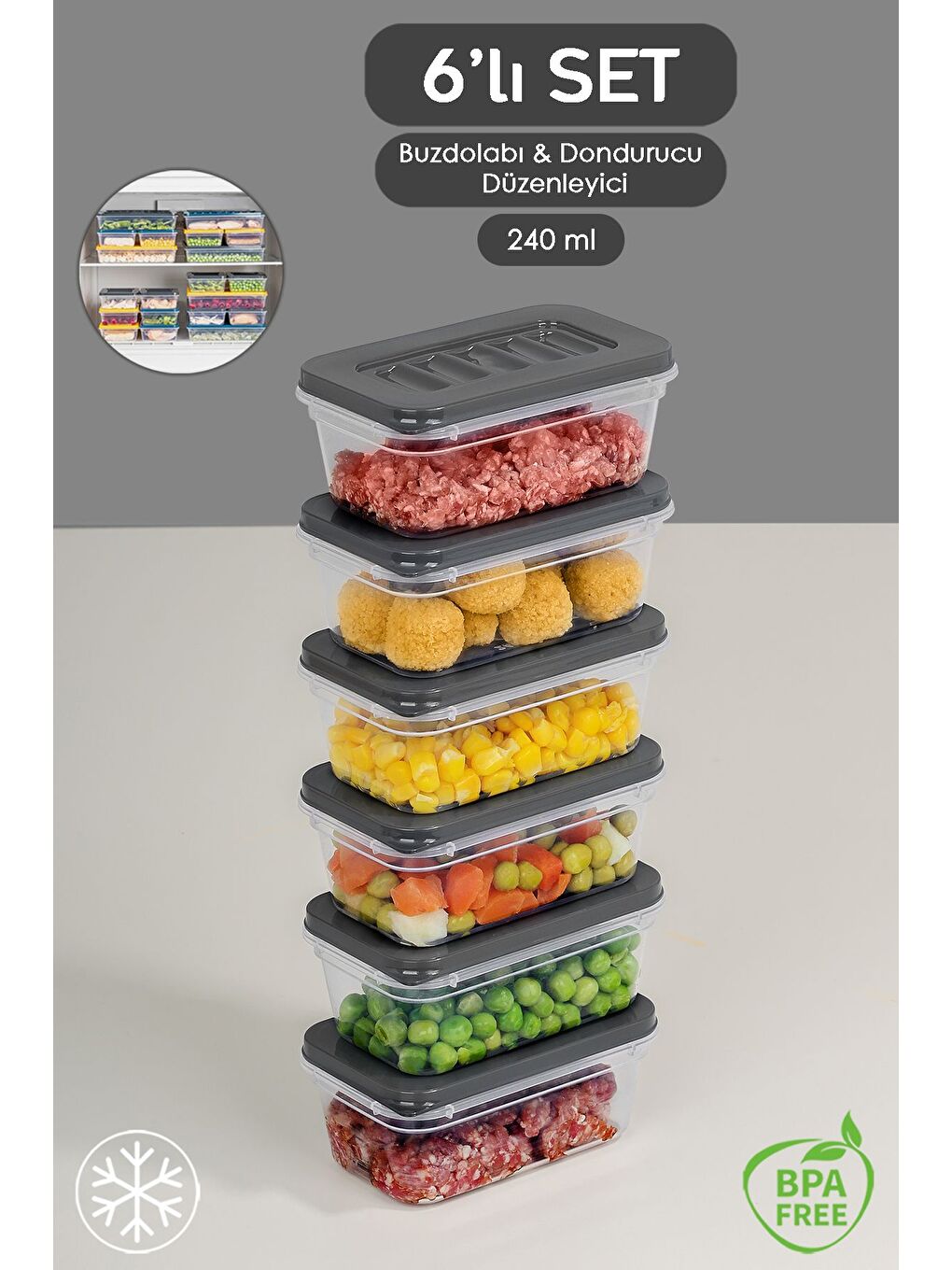 6 lı Buzdolabı Düzenleyici Organizer   Mikrodalga ve Difrize Uygun Saklama Kabı   6x240ml Antrasit