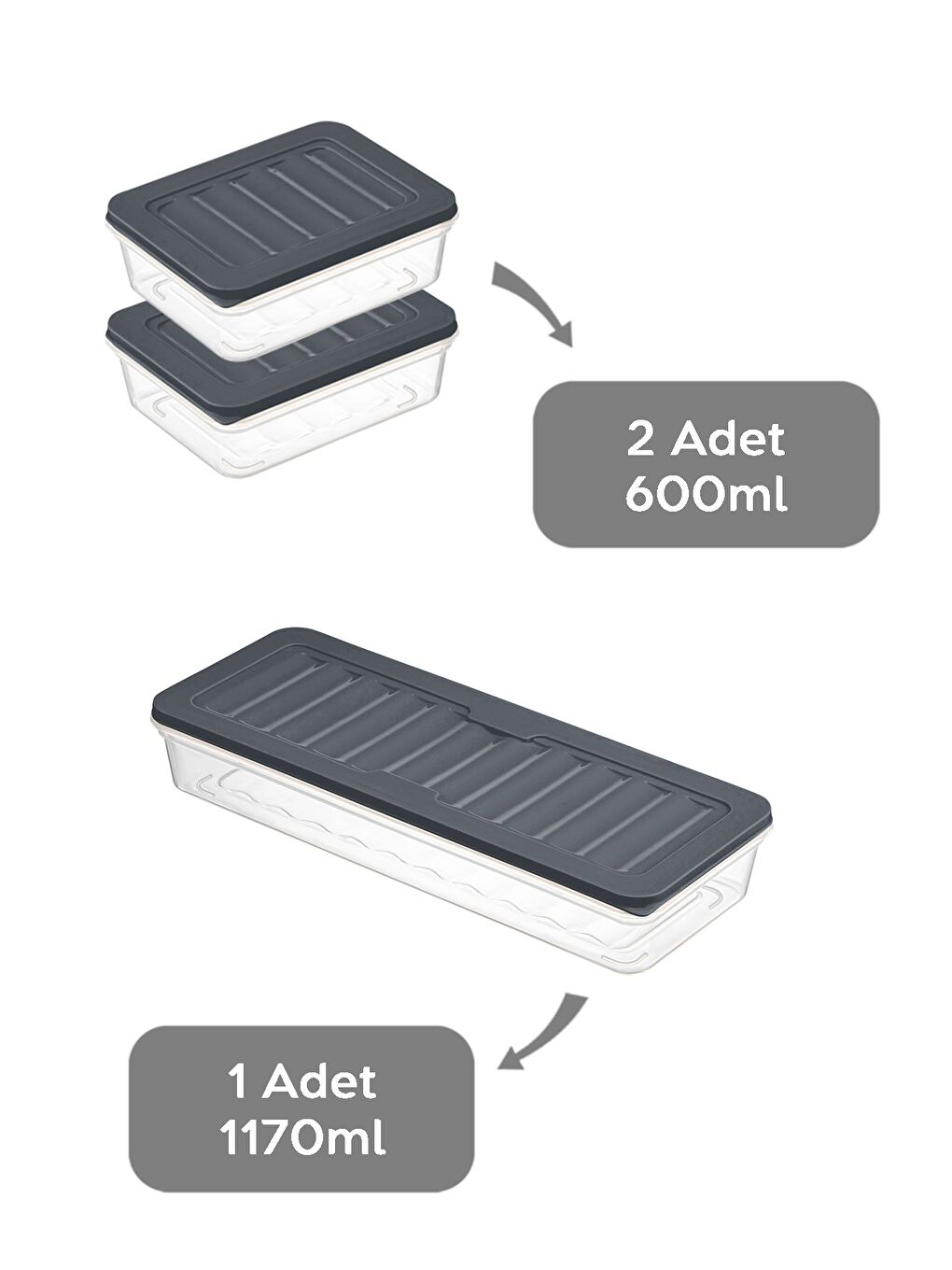 3'lü Saklama Kabı Antrasit 1 x 1170 ml 2 x 600 ml-1