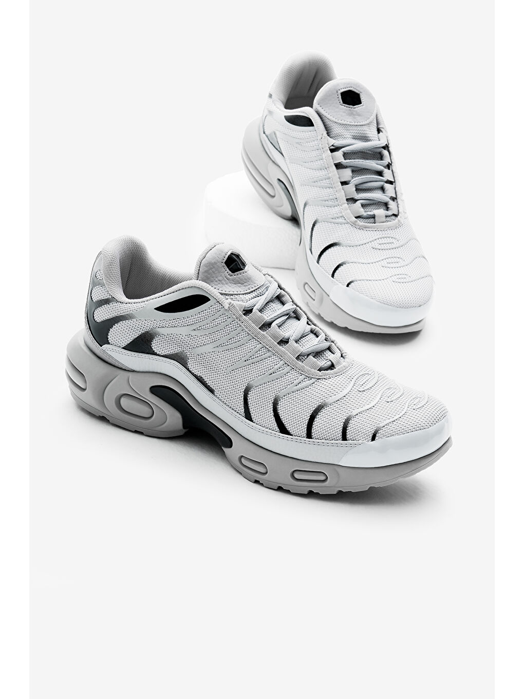 Unisex Gri Siyah Faylon TPU Taban Nefes Alabilen Kumaş Bağcıklı Spor Ayakkabı