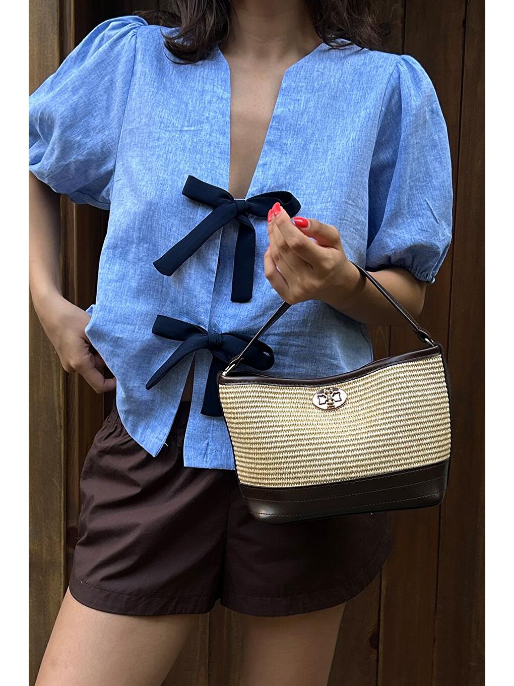 Urban Hasır Görünümlü Kilitli Omuz Çanta Kahverengi-4