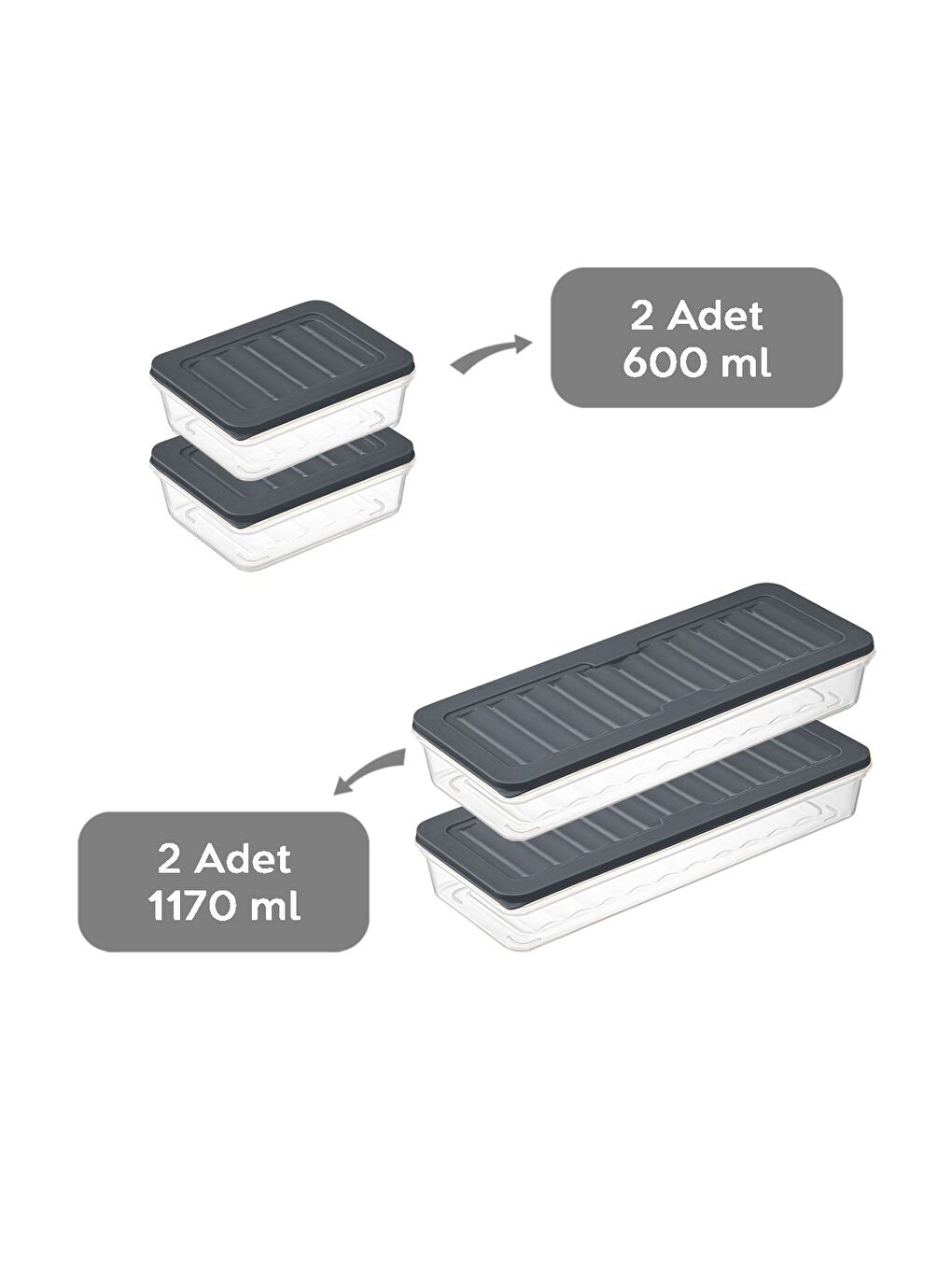 4'lü Saklama Kabı Antrasit 2 x 1170 ml 2 x 600 ml-1