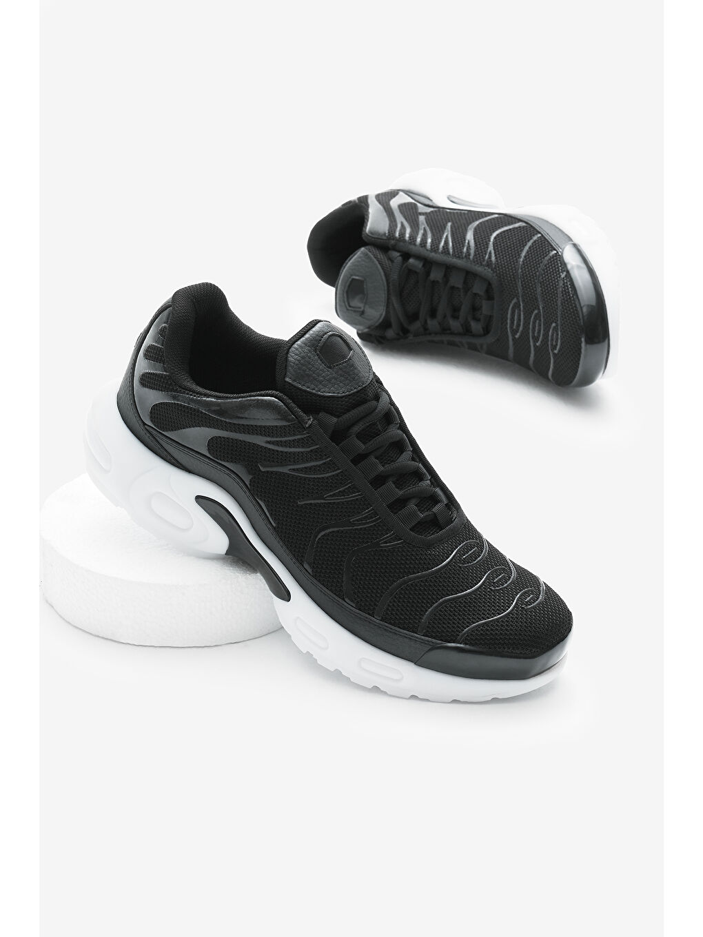 Unisex Siyah Beyaz Faylon TPU Taban Nefes Alabilen Kumaş Bağcıklı Spor Ayakkabı