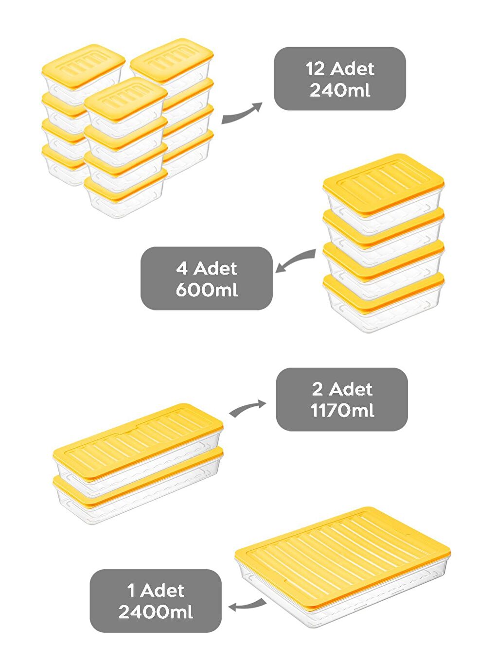 19 Parça Mikrodalga Uyu mlu Organizer Saklama Kabı 1x2400 ml 2x1170 ml 4x600 ml 12x240 ml Sarı-1