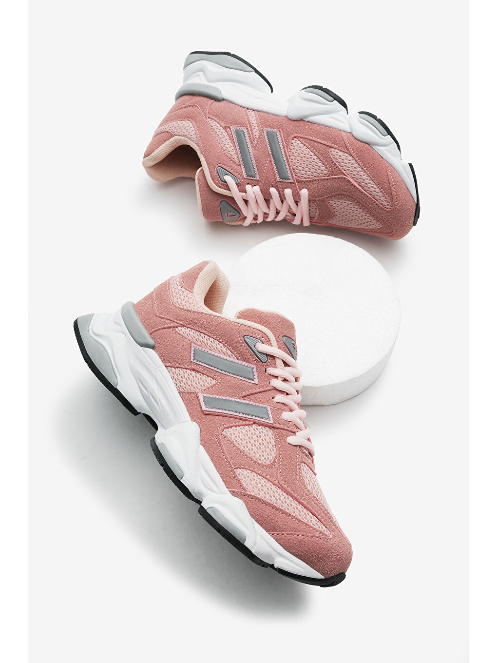 Pembe Unisex Pudra Poli Taban Anorak Desenli Yüksek Taban Bağcıklı Spor Ayakkabı