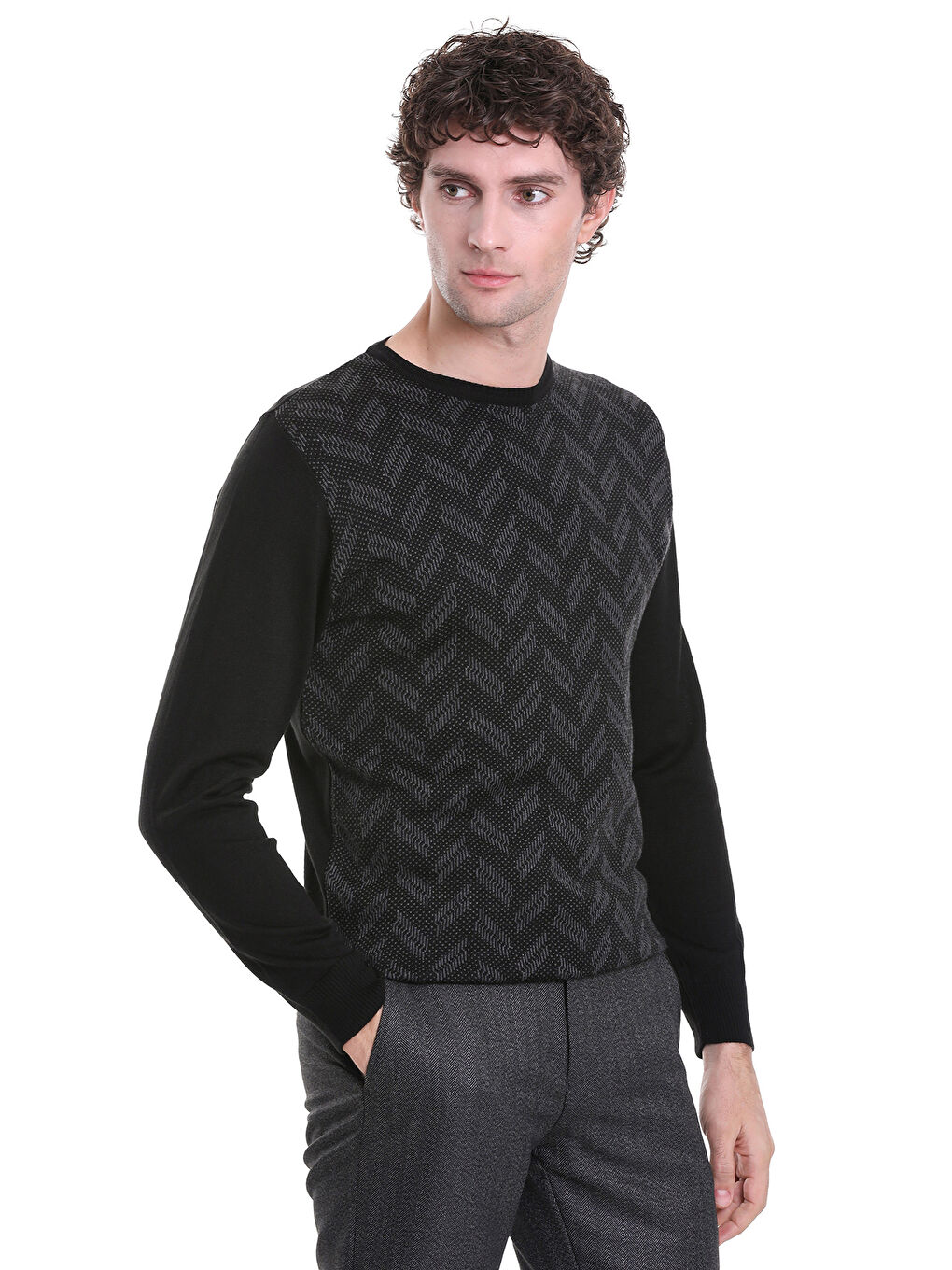 Siyah Regular Fit Jakarlı Bisiklet Yaka Yünlü Triko Kazak-3