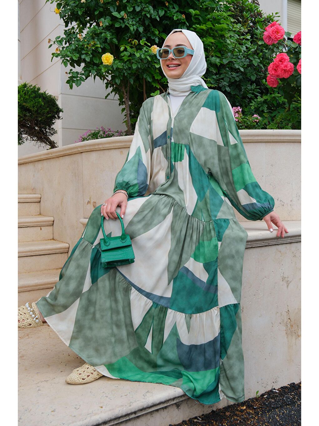 Karışık Desen Elbise Yeşil-1