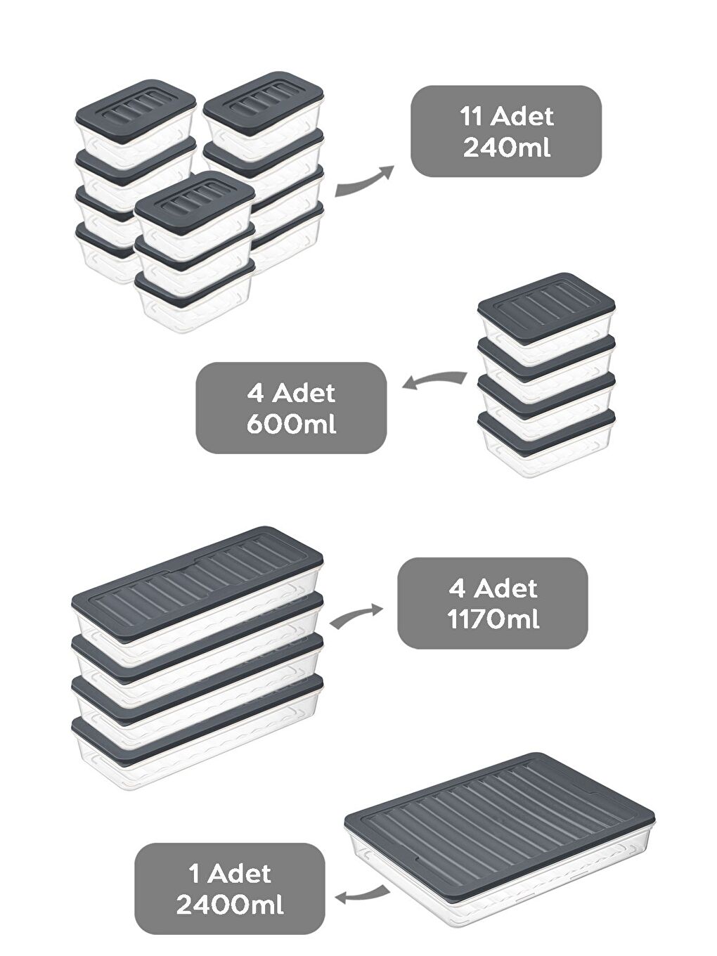 20 Parça Mikrodalga Uyu mlu Organizer Saklama Kabı 1x2400 ml 4x1170 ml 4x600 ml 11x240 ml Antrasit-1